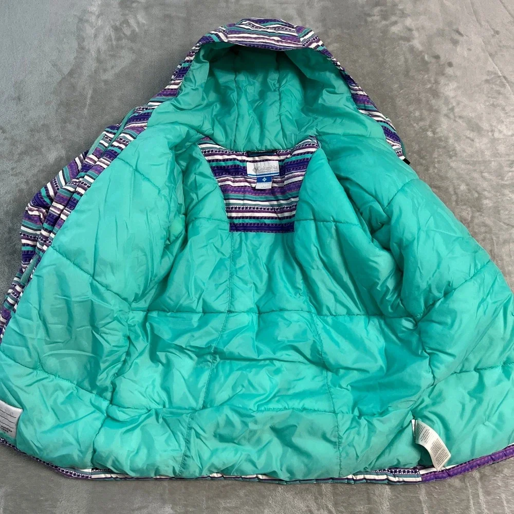 Columbia Girls Purple Teal Striped Insulated Puffer Winter Jacket Hooded L 14/16